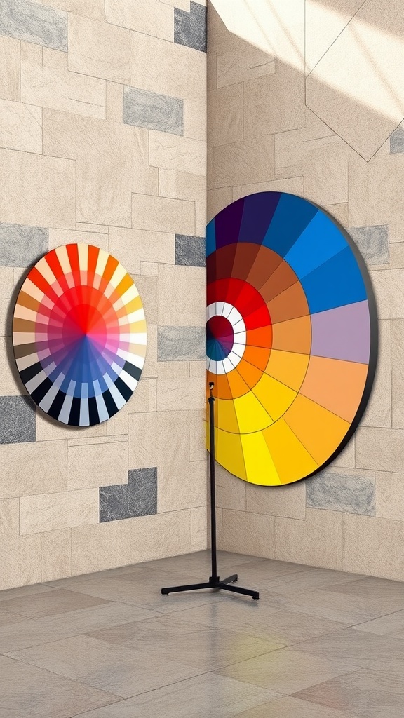 Color wheel displays beside a textured stone wall interior.