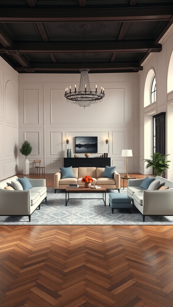 A neoclassical interior featuring a well-arranged living room with sofas, a coffee table, and decorative elements.