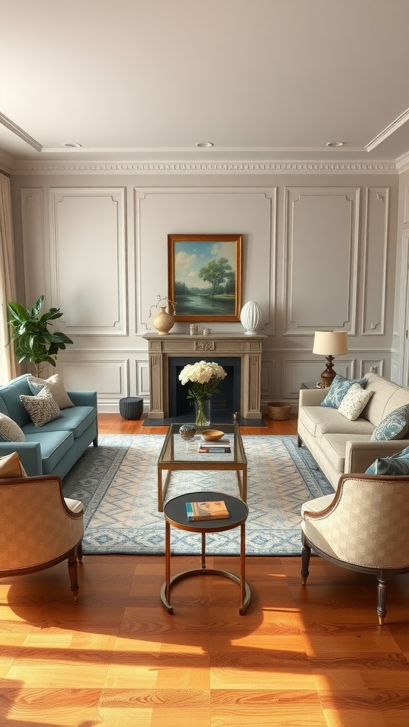 A cozy living room with symmetrical furniture arrangements and a classic design.