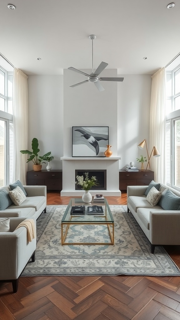 Modern classic interior featuring symmetrical seating and decor.