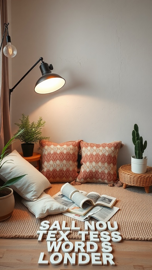A cozy nook featuring pillows, a lamp, and plants.