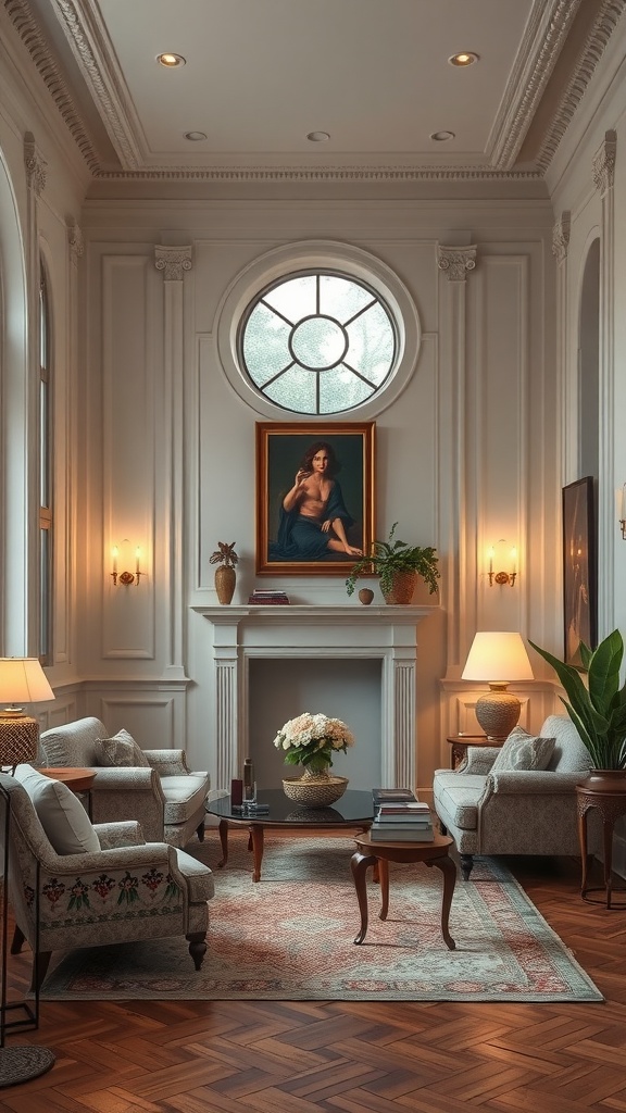 Cozy neoclassical living room with comfortable seating and soft lighting