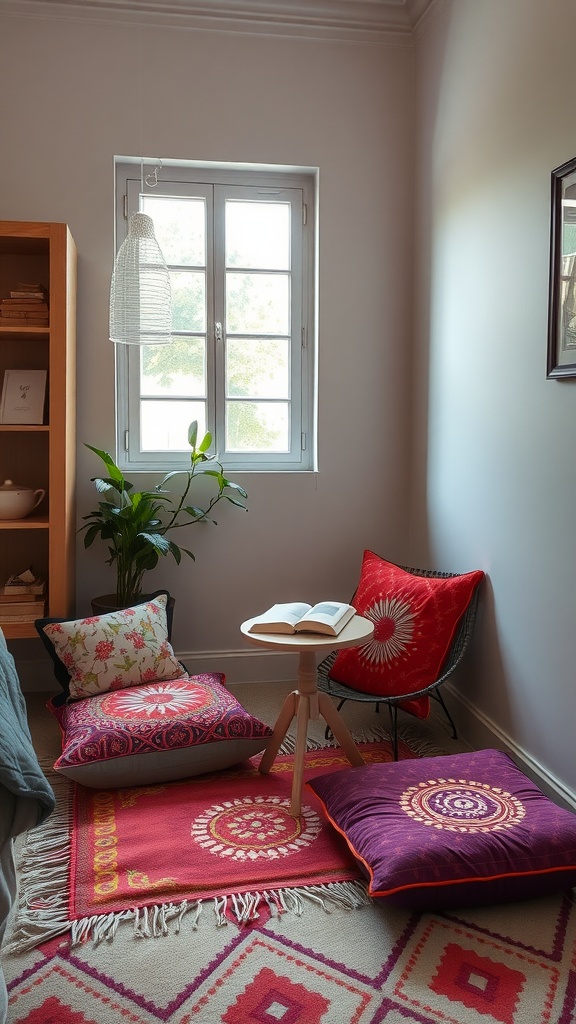 Cozy nook in a small bedroom with floor cushions, a small table, and a plant.
