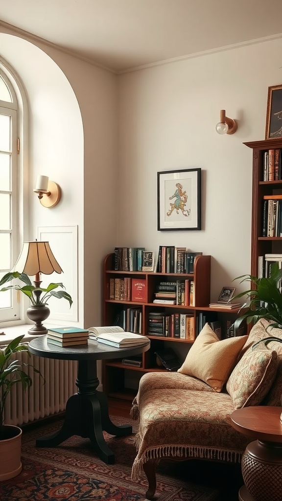 A cozy reading nook featuring a plush sofa, bookshelves, and warm lighting, embodying Italian interior design.