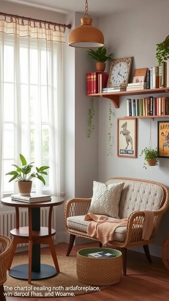 Cozy retro interior with a comfortable chair, small table, and plants.