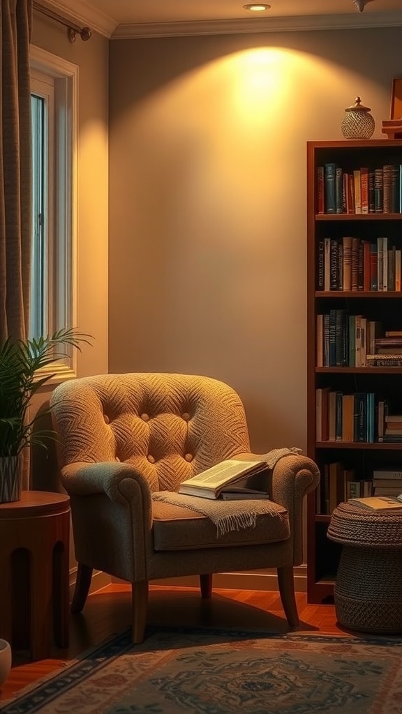 Cozy reading nook with a chair, bookshelves, and warm lighting