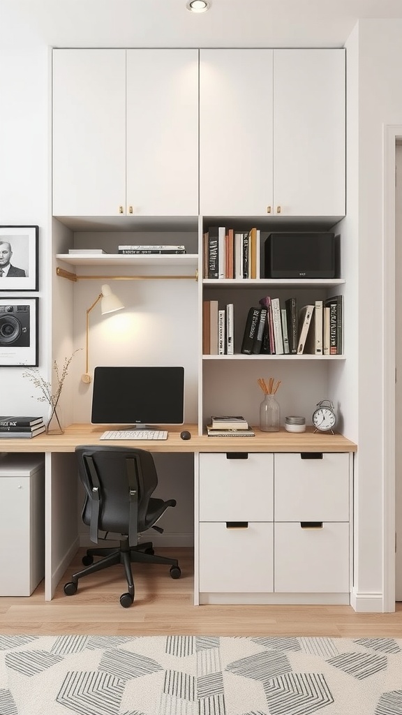 A modern home office featuring customized storage solutions with shelves and cabinets.