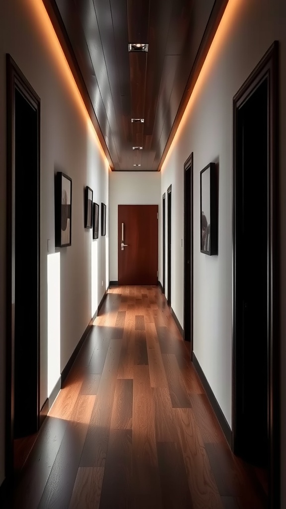 A beautifully designed hallway with dark wood paneling and warm lighting.