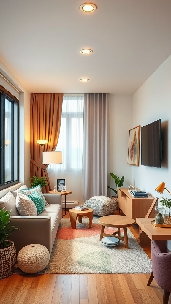 A cozy living room in a condo, featuring a soft couch, warm lighting, and decorative plants.