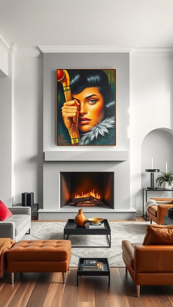 A stylish living room featuring a striking artwork above the fireplace.