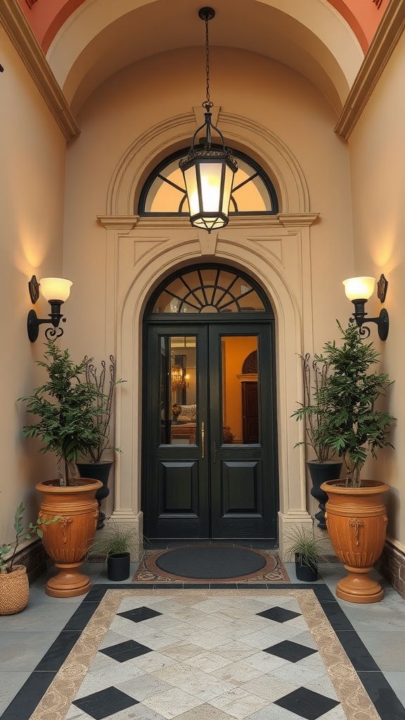 Elegant Italian entryway with a dark wooden door and decorative lighting.