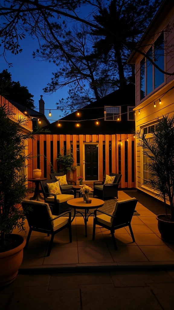 A cozy patio with warm string lights illuminating seating area