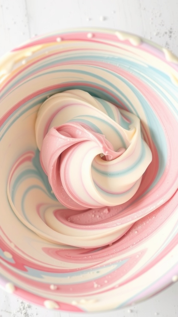 A bowl of marbled cream cheese frosting with pastel colors.