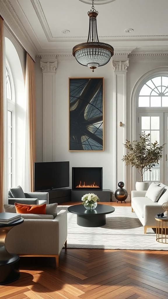 A stylish neoclassical living room featuring elegant furniture, a modern TV, and a cozy fireplace.