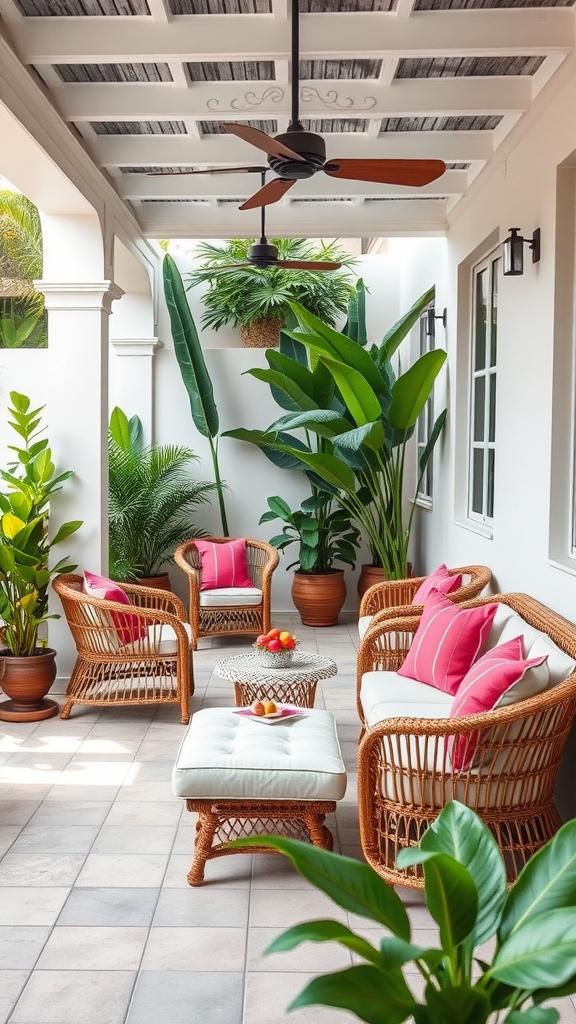 A cozy outdoor living area with wicker furniture, colorful cushions, and tropical plants.