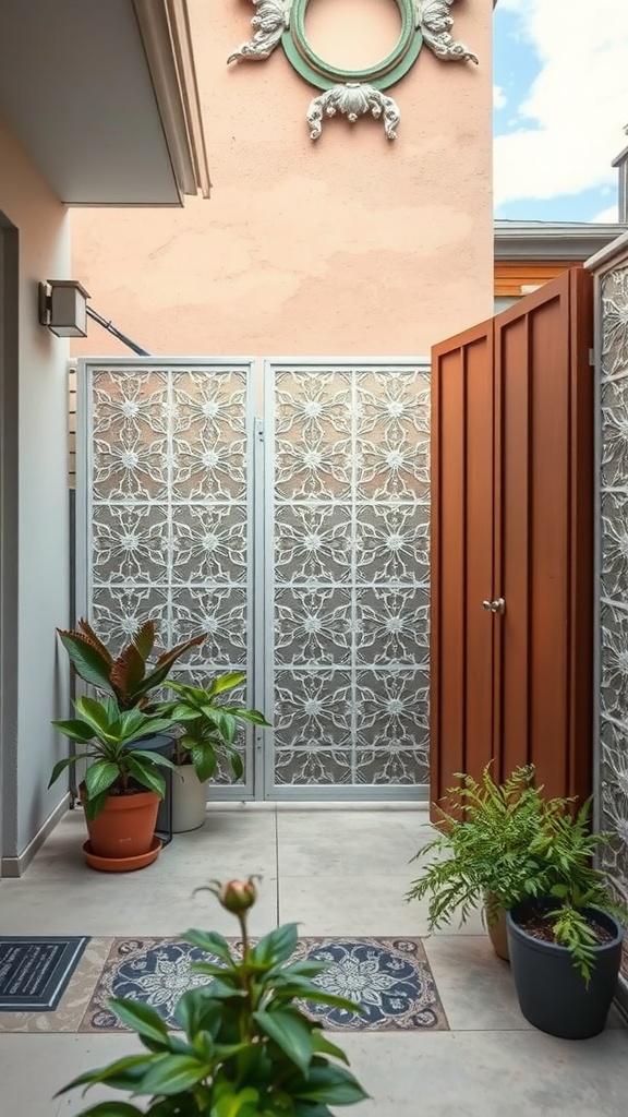 A small patio with decorative screens and potted plants.