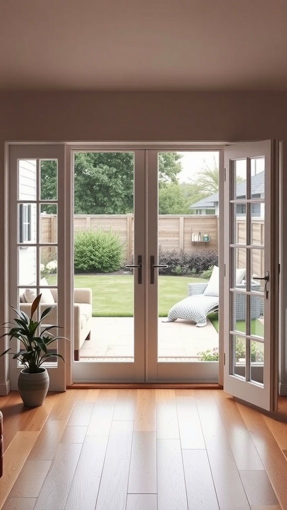 Interior view of a room with open French doors leading to a patio and garden