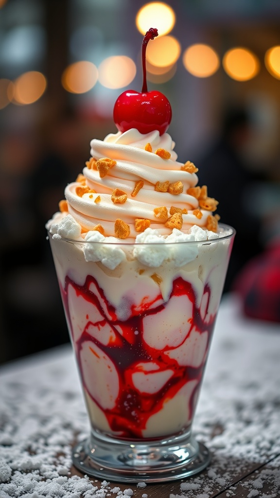 Delicious looking snow ice cream sundae with whipped cream and cherry on top
