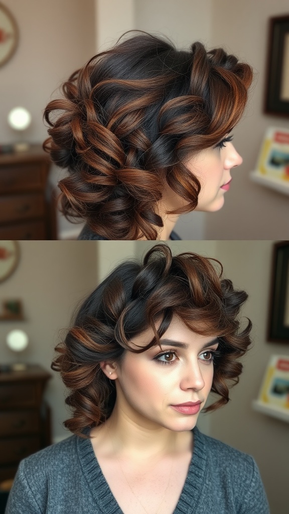 A woman with beautiful French curls and a stylish hairstyle.