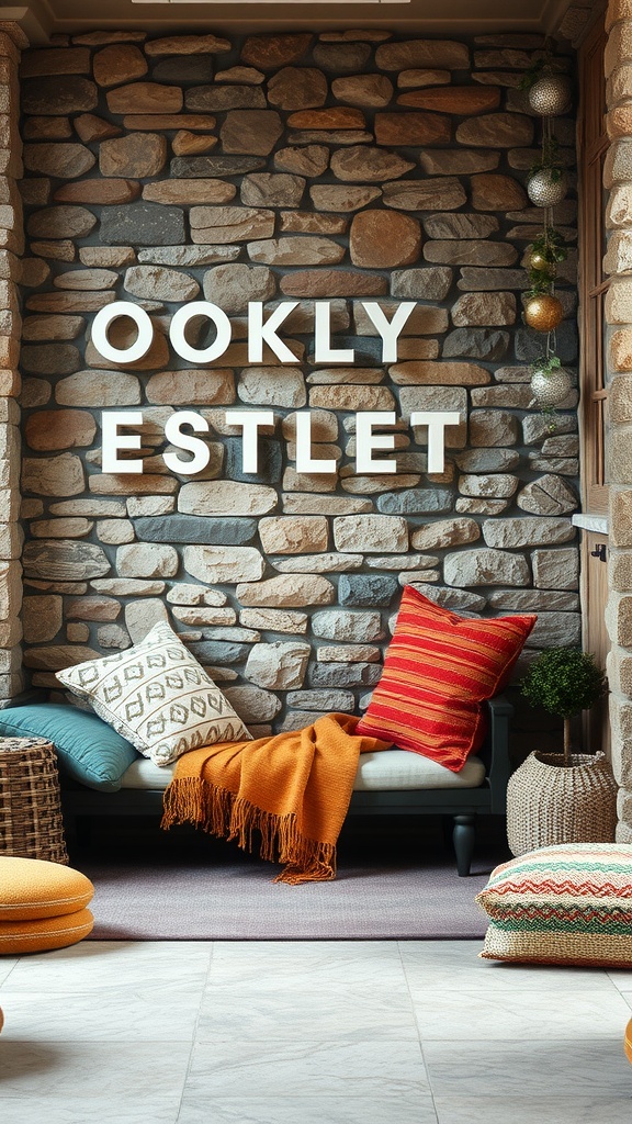 A cozy interior with a stone wall and colorful textiles.