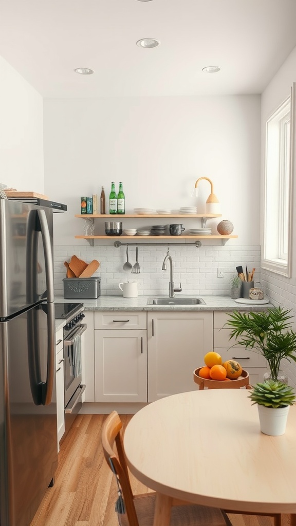 A small kitchen with designated cooking and dining areas, featuring open shelving and a round table.