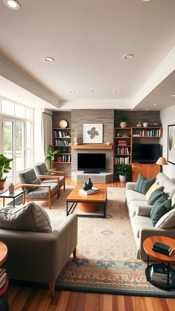 A stylish living room with distinct areas for seating and reading.