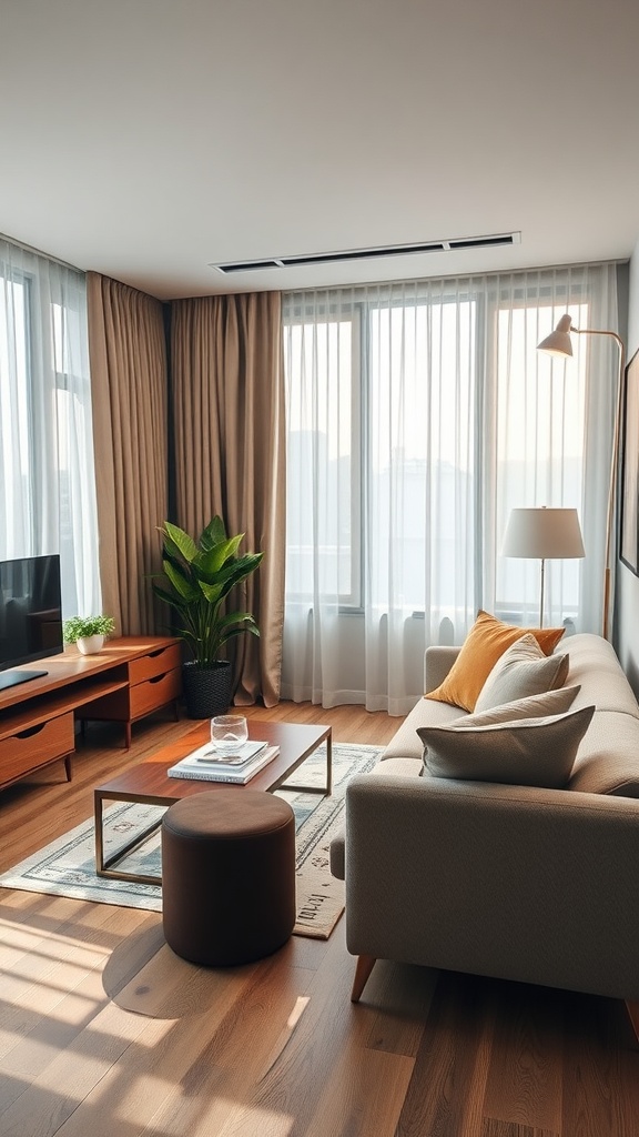 A stylish condo interior with clear zones for lounging and working.