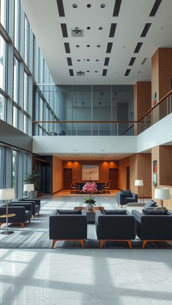 Interior view of a modern lobby with seating areas and large windows.