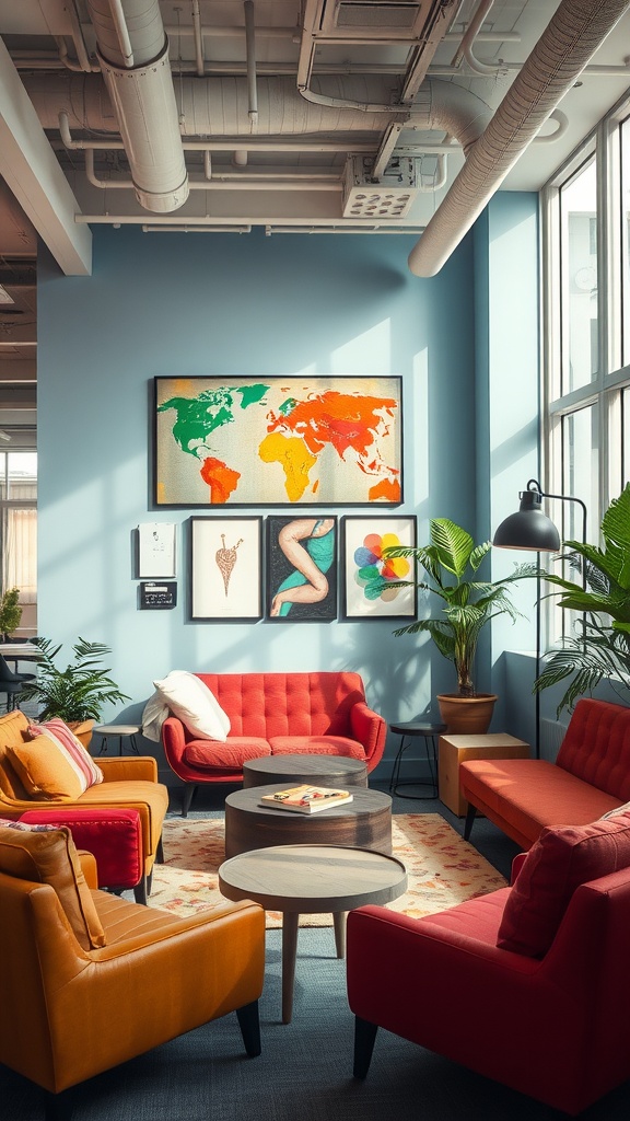 A cozy office breakout space with colorful furniture and wall art.