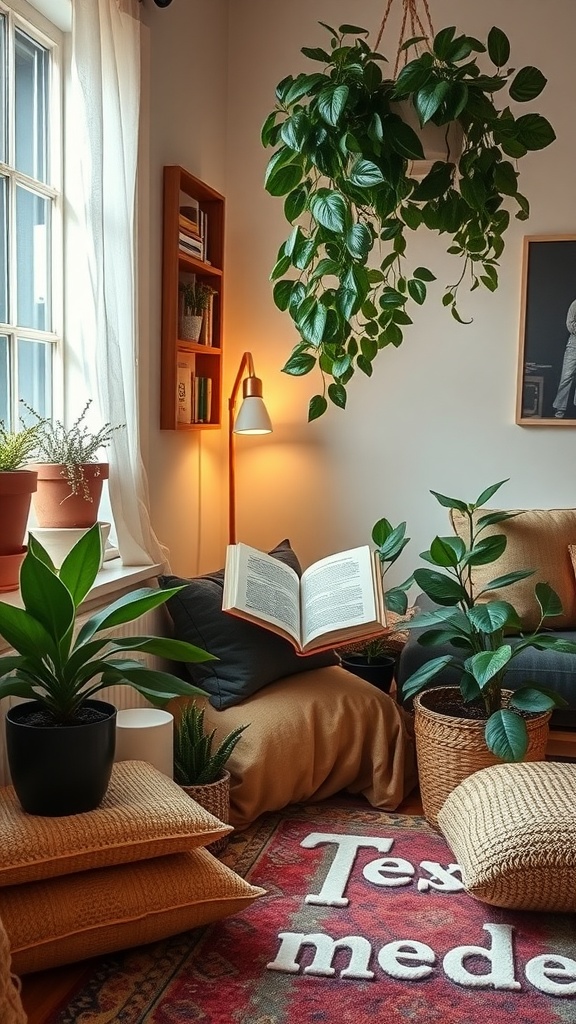 Cozy corner with cushions, plants, and an open book in a bohemian-style living room.