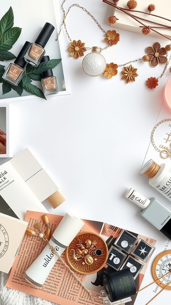 Flatlay of various nail polish bottles and accessories arranged creatively
