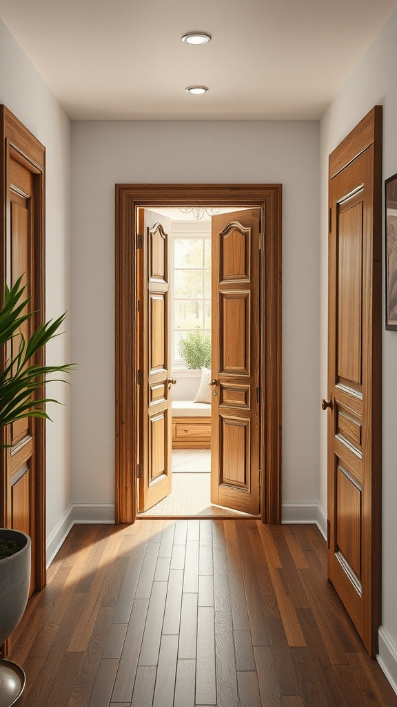 Interior hallway with wooden doors and a bright room visible through an open door.