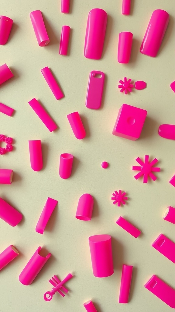 Various hot pink nail shapes and designs arranged on a light background.