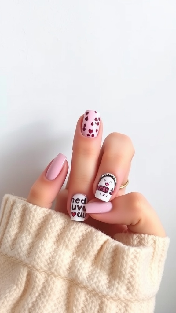 Nail art design with short square nails featuring hearts and playful messages.