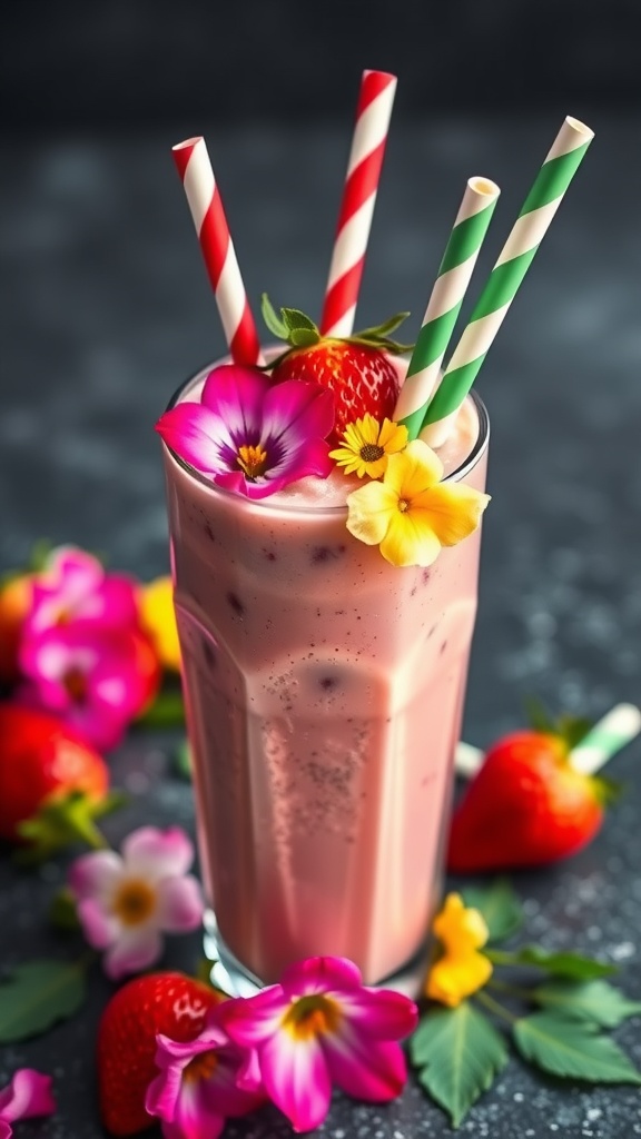 A healthy strawberry banana smoothie in a tall glass, garnished with fresh fruit and colorful straws.