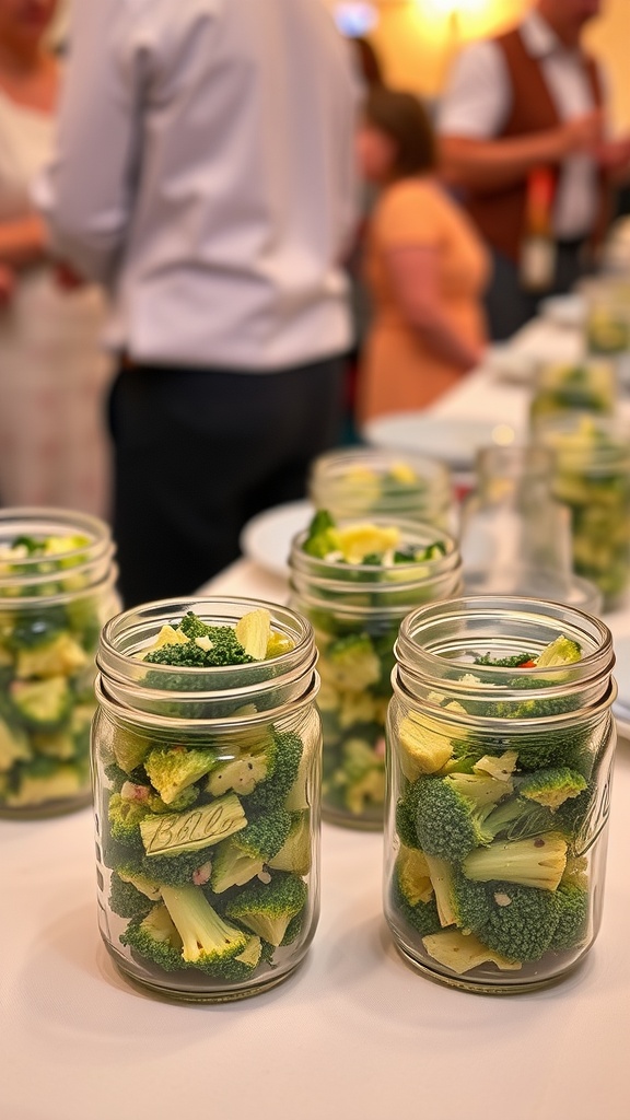 Creative presentation ideas for broccoli salad served in mason jars.