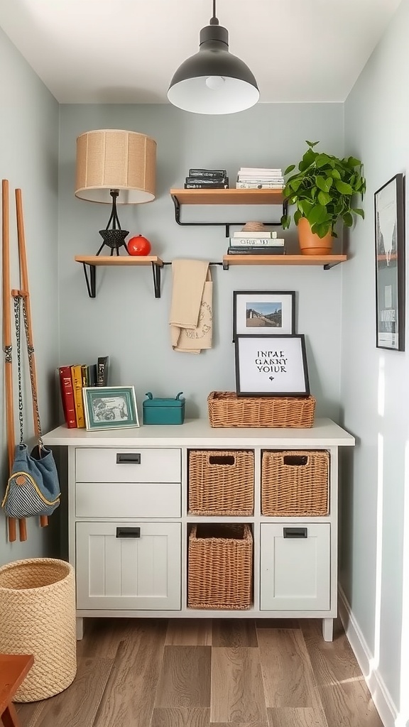 A small, organized space featuring shelves, a console table with baskets, and decorative elements.