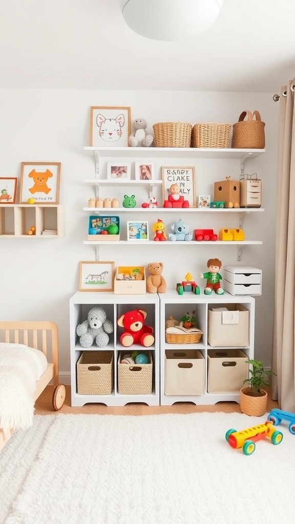 A well-organized baby room with shelves and storage bins for toys.
