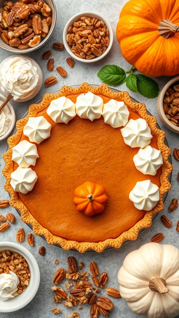 Pumpkin pie with creative toppings including whipped cream and nuts