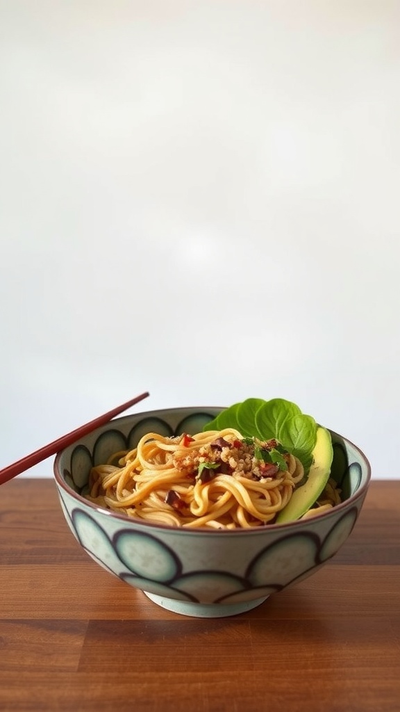 A bowl of Hakka noodles garnished with fresh herbs and vegetables.
