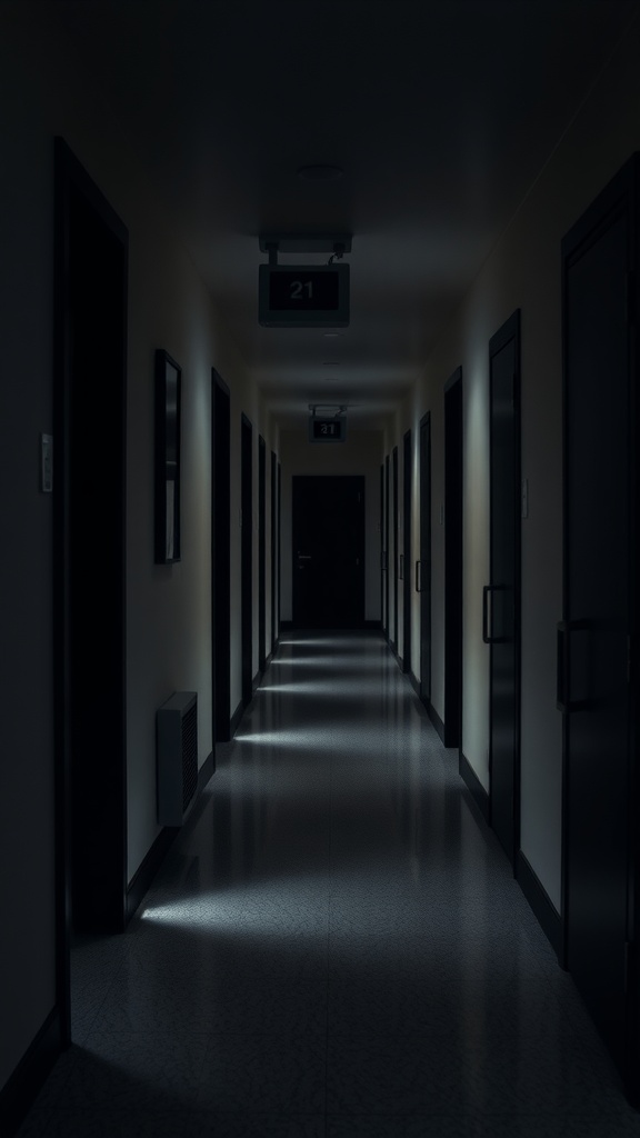A dimly lit hallway featuring several black doors.