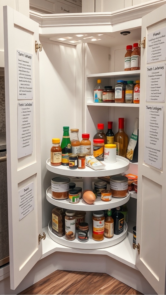 A corner kitchen cabinet with shelves featuring a lazy Susan filled with jars and condiments.