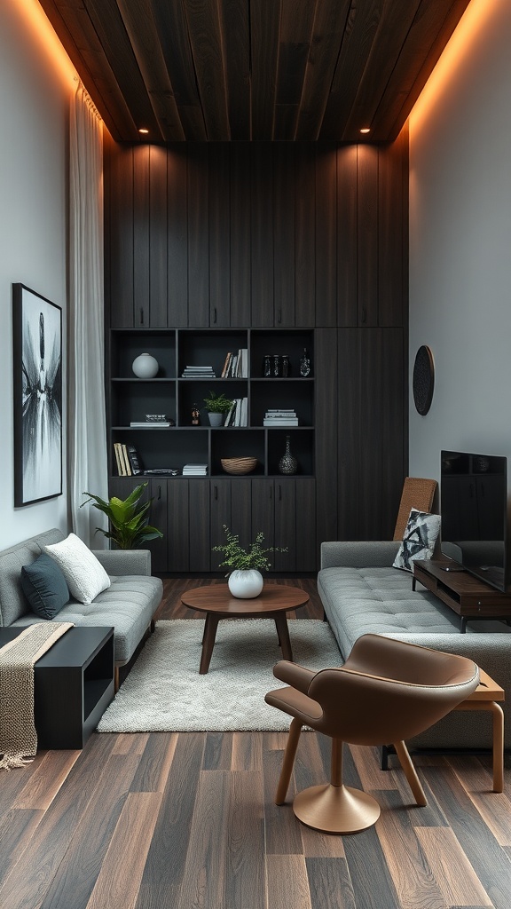 Cozy living area with dark wood accents, modern furniture, and warm lighting.