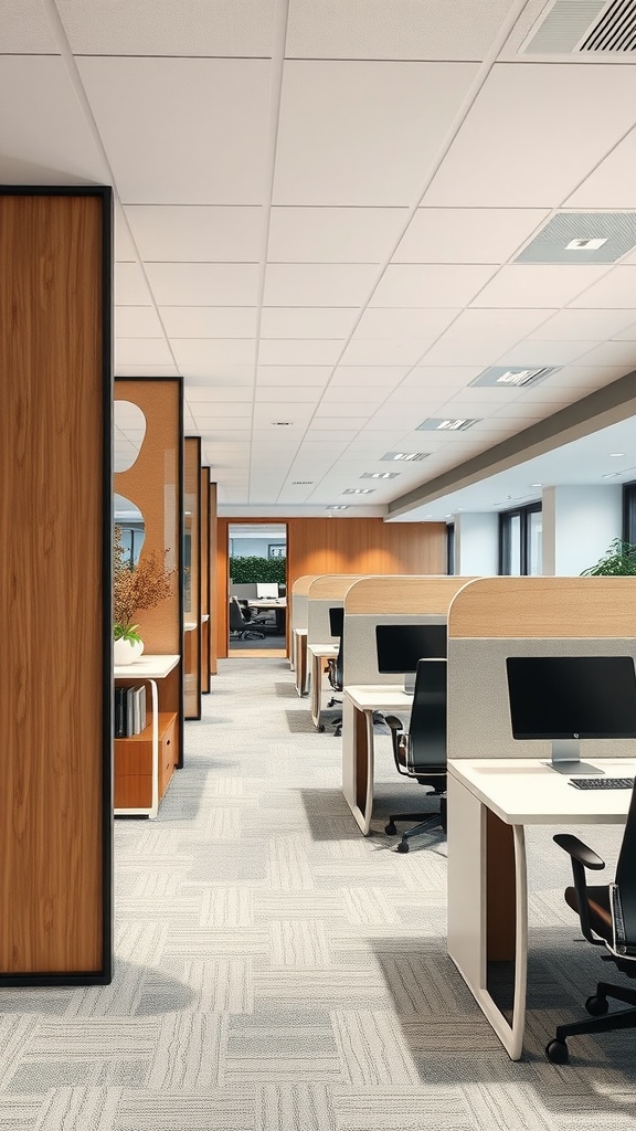 Modern office interior with dividers separating workspaces