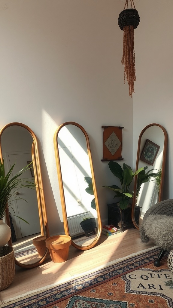 Three elegant mirrors leaning against a wall in a bohemian-style room with plants.