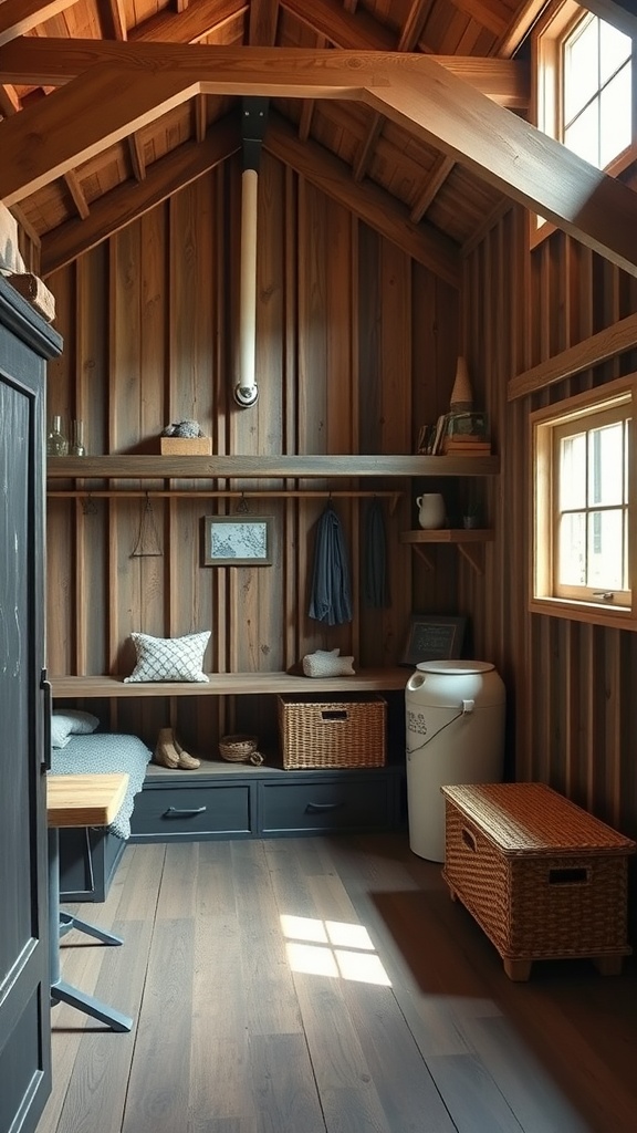 A cozy interior of a barndominium featuring wooden walls, shelves, and practical storage solutions.