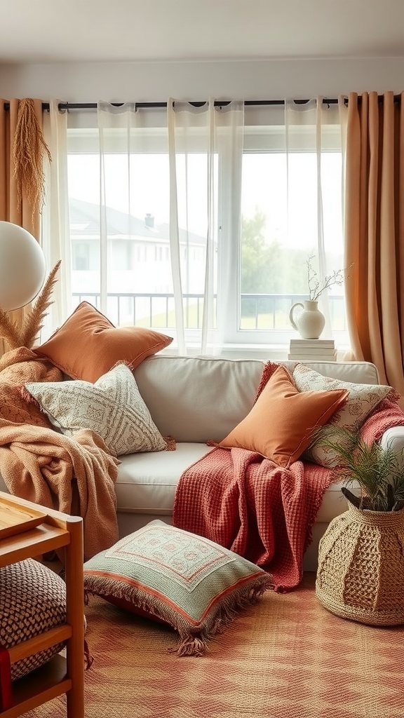 A cozy living room with layered textiles including blankets, pillows, and curtains.