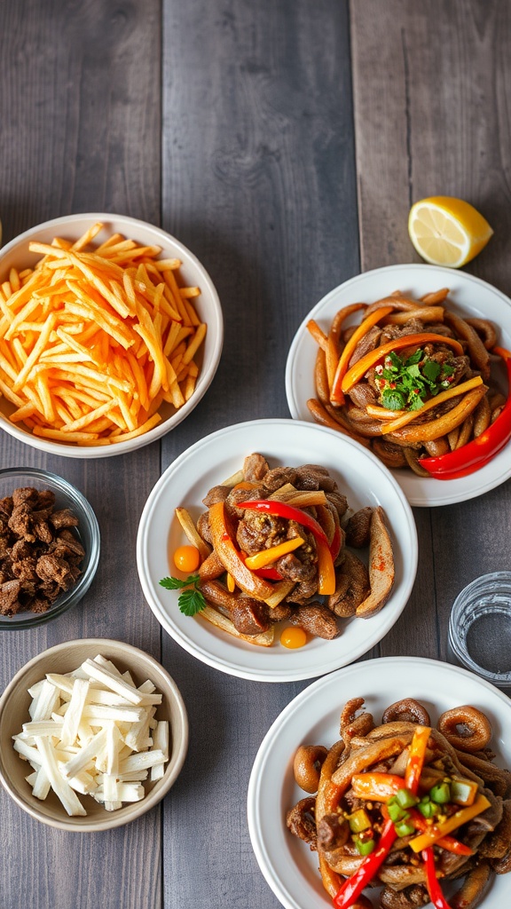 Delicious lomo saltado served with fries and vibrant vegetables.