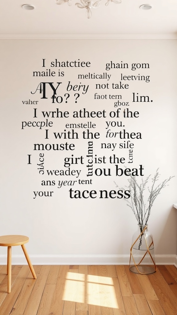 A wall with artistic text designs in black, showcasing a creative and playful wall treatment.