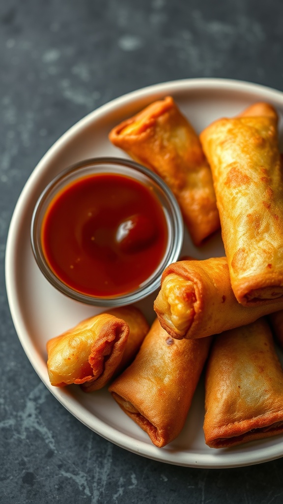 A plate of crispy air fryer keto egg rolls served with a small bowl of dipping sauce.